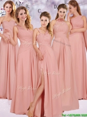 Modest Ruched Decorated Bodice Peach Dama Dresses with V Neck
