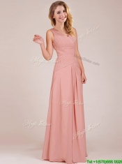 Modest Ruched Decorated Bodice Peach Dama Dresses with V Neck