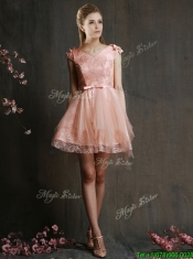 Modest V Neck Cap Sleeves Short Prom Dresses with Belt and Appliques