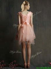 Modest V Neck Cap Sleeves Short Prom Dresses with Belt and Appliques