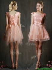 Modest V Neck Cap Sleeves Short Prom Dresses with Belt and Appliques