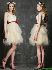 Most Popular V Neck Short Dama Dresses with Belt and Ruffled Layers