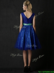 New Arrivals Belted and Laced Blue Dama Dresses in Knee Length