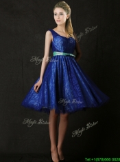 New Arrivals Belted and Laced Blue Dama Dresses in Knee Length
