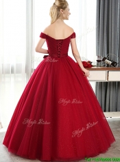 New Arrivals Off the Shoulder Wine Red Dama Dresses with Bowknot