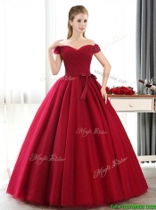 New Arrivals Off the Shoulder Wine Red Dama Dresses with Bowknot