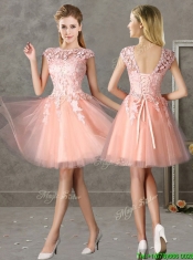 New Style Bateau Peach Short Dama Dresses with Lace