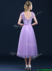 New Style Cap Sleeves Lavender Dama Dresses with Lace and Appliques