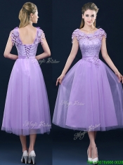 New Style Cap Sleeves Lavender Dama Dresses with Lace and Appliques