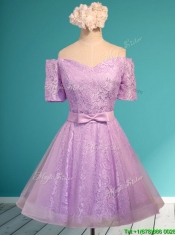 New Style Off the Shoulder Short Sleeves Prom Dresses with Bowknot
