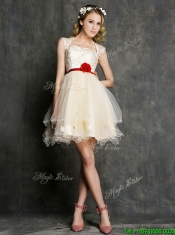 New Style Straps Short Dama Dresses with Belt and Appliques