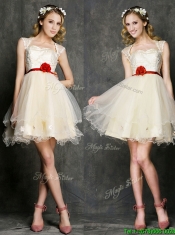 New Style Straps Short Dama Dresses with Belt and Appliques