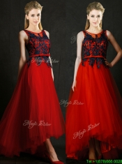 Perfect High Low Belted and Black Applique Prom Dresses in Red