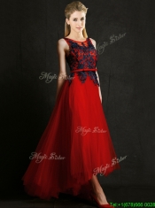 Perfect High Low Belted and Black Applique Prom Dresses in Red