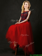 Perfect High Low Belted and Black Applique Prom Dresses in Red