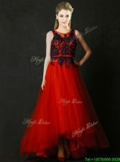 Perfect High Low Belted and Black Applique Prom Dresses in Red