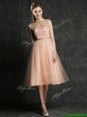 Popular High Neck Peach Prom Dresses with Sashes and Lace