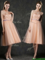 Popular High Neck Peach Prom Dresses with Sashes and Lace
