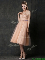 Popular High Neck Peach Prom Dresses with Sashes and Lace