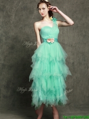 Popular One Shoulder Prom Dresses with Ruffled Layers and Hand Made Flowers