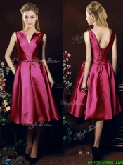 Popular V Neck Knee Length Bowknot Prom Dresses in Fuchsia