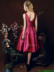 Popular V Neck Knee Length Bowknot Prom Dresses in Fuchsia