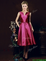 Popular V Neck Knee Length Bowknot Prom Dresses in Fuchsia