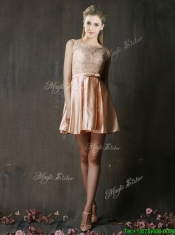 Pretty Bateau Laced and Belted Short Dama Dresses in Taffeta