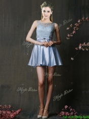 Pretty Bateau Laced and Belted Short Dama Dresses in Taffeta