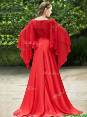Pretty Bateau Long Sleeves Red Prom Dresses with Beading and High Slit