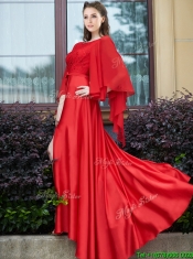Pretty Bateau Long Sleeves Red Prom Dresses with Beading and High Slit