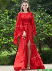 Pretty Bateau Long Sleeves Red Prom Dresses with Beading and High Slit