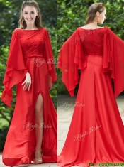 Pretty Bateau Long Sleeves Red Prom Dresses with Beading and High Slit