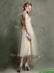 Pretty High Neck Champagne Dama Dresses with Lace and Hand Made Flowers