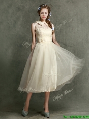 Pretty High Neck Champagne Dama Dresses with Lace and Hand Made Flowers