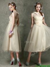 Pretty High Neck Champagne Dama Dresses with Lace and Hand Made Flowers