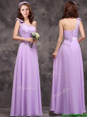 Pretty One Shoulder Lavender Prom Dresses with Applique Decorated Waist
