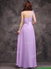 Pretty One Shoulder Lavender Prom Dresses with Applique Decorated Waist