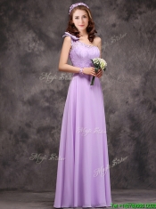 Pretty One Shoulder Lavender Prom Dresses with Applique Decorated Waist