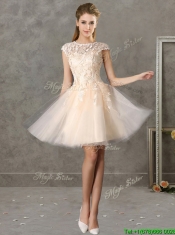 Romantic Bateau Cap Sleeves Short Prom Dresses with Lace