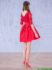 Romantic Bowknot and Laced Scoop Half Sleeves Prom Dresses in Red