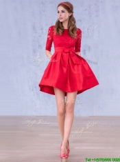 Romantic Bowknot and Laced Scoop Half Sleeves Prom Dresses in Red