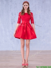 Romantic Bowknot and Laced Scoop Half Sleeves Prom Dresses in Red
