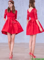 Romantic Bowknot and Laced Scoop Half Sleeves Prom Dresses in Red