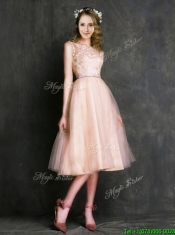 Romantic Laced and Sashed Scoop Prom Dresses in Peach