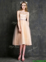 Romantic Laced and Sashed Scoop Prom Dresses in Peach