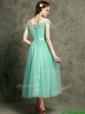 Romantic Off the Shoulder Cap Sleeves Prom Dresses with Appliques and Hand Made Flowers