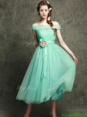 Romantic Off the Shoulder Cap Sleeves Prom Dresses with Appliques and Hand Made Flowers