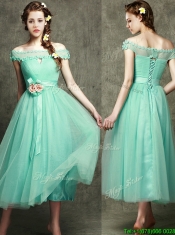 Romantic Off the Shoulder Cap Sleeves Prom Dresses with Appliques and Hand Made Flowers