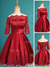 Romantic Off the Shoulder Half Sleeves Prom Dresses with Lace and Belt